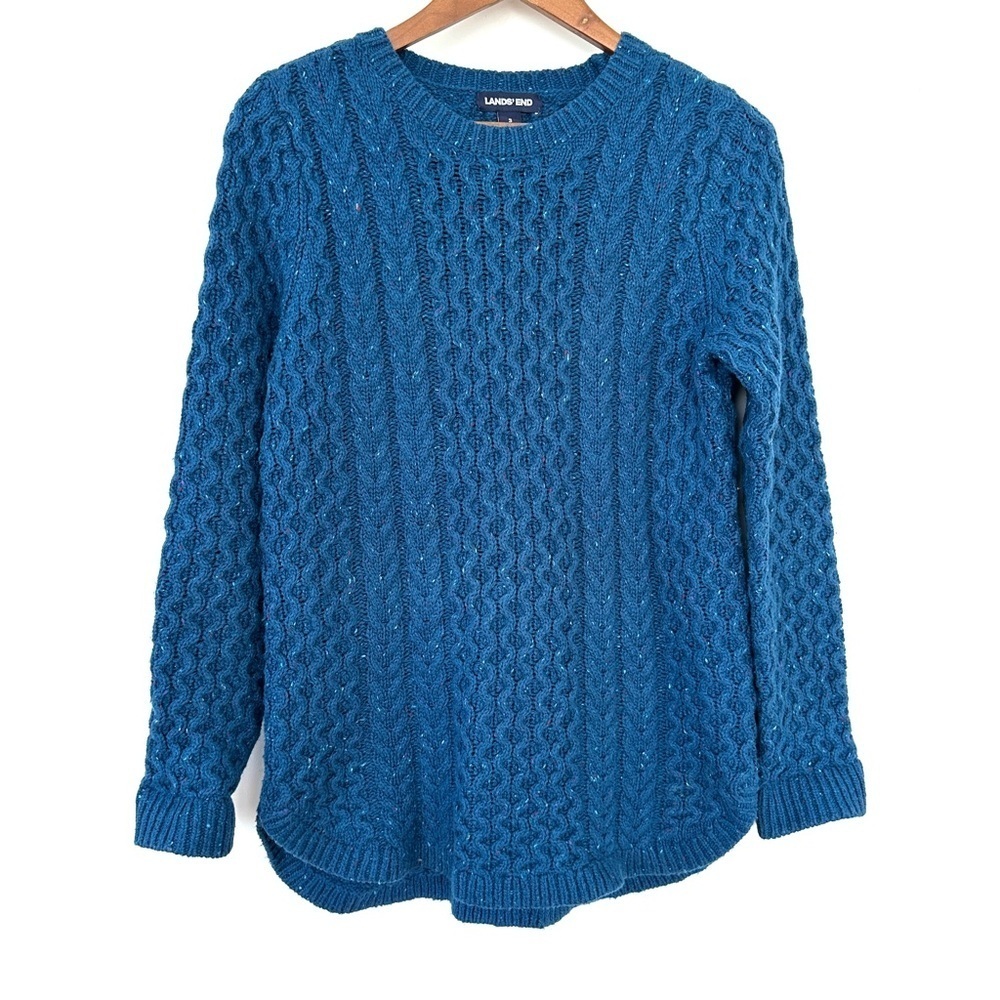 Lands' End Women's Blue Cable Knit Sweater, high-low hem, loose fit